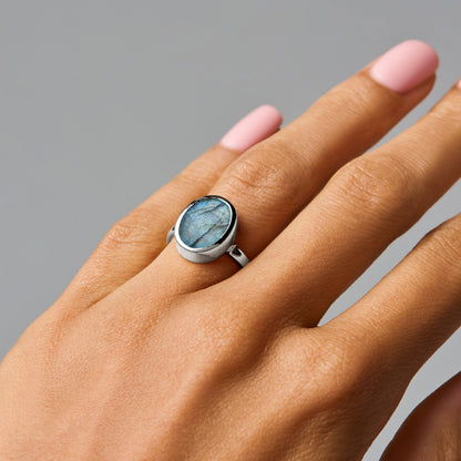 Labradorite Ring - Enfolded - silver stack