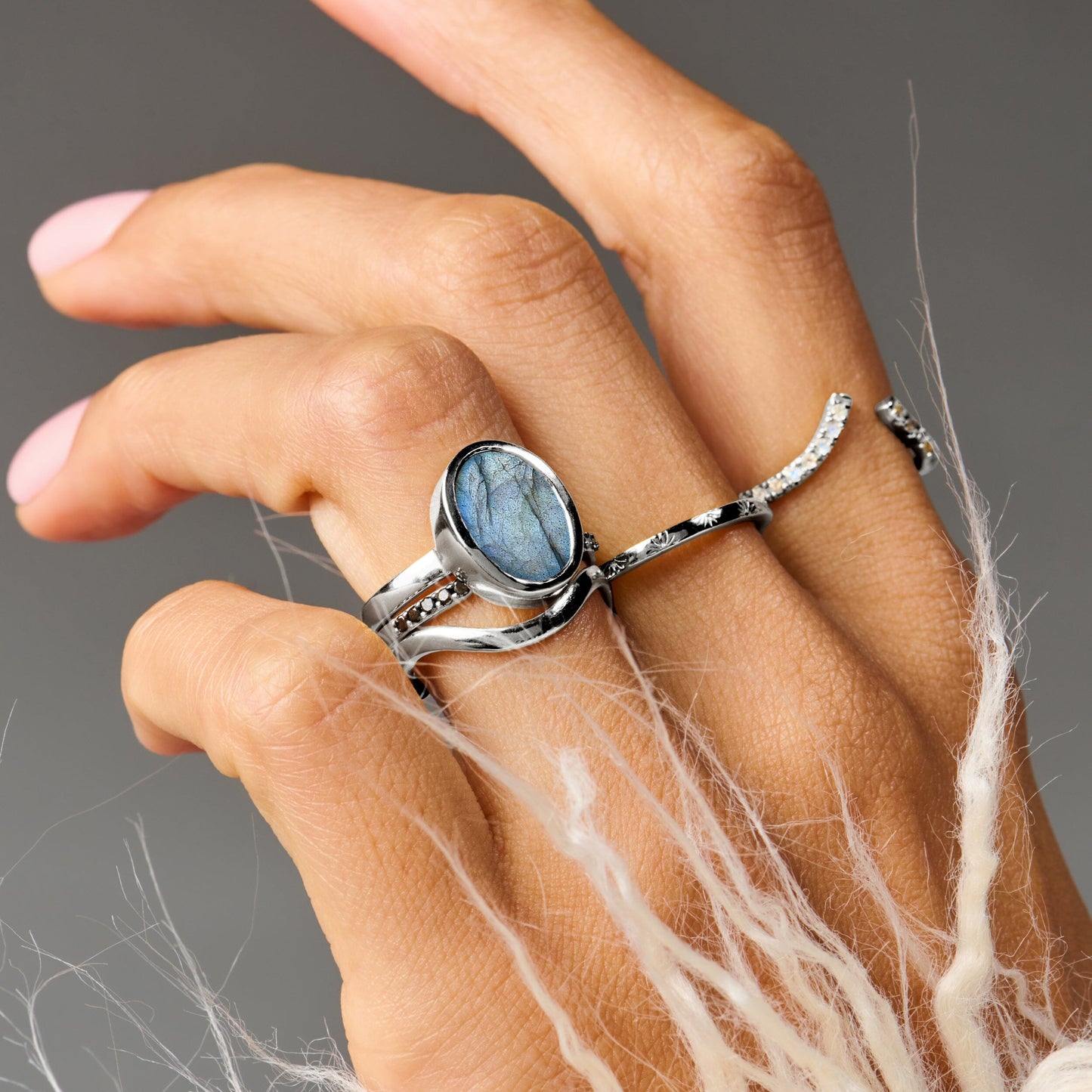 Enfolded Labradorite & Waves Rings - silver stacked hand