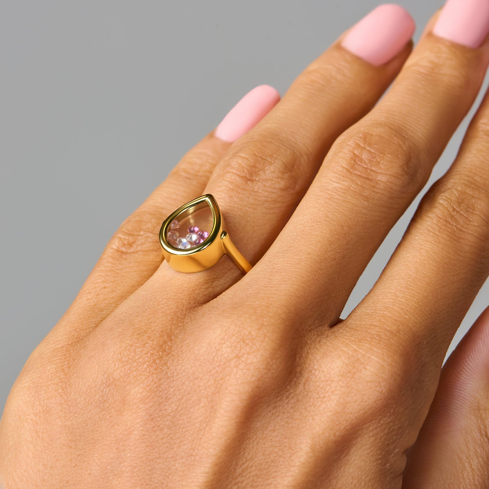 Rose Quartz Rhodolite Ring - Gem Glide - yellow gold on hand