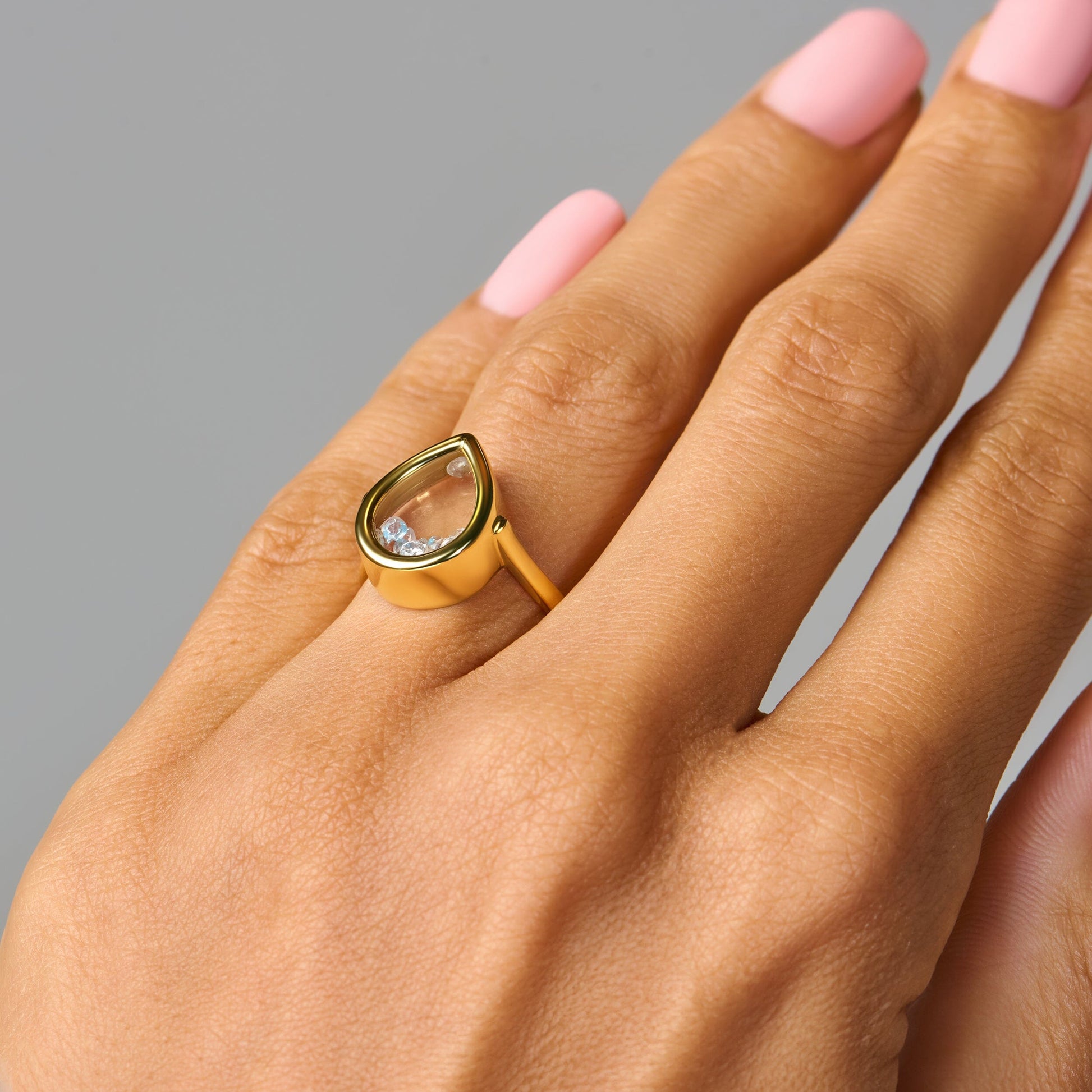 Moonstone Aquamarine Ring - Gem Glide - yellow gold worn
