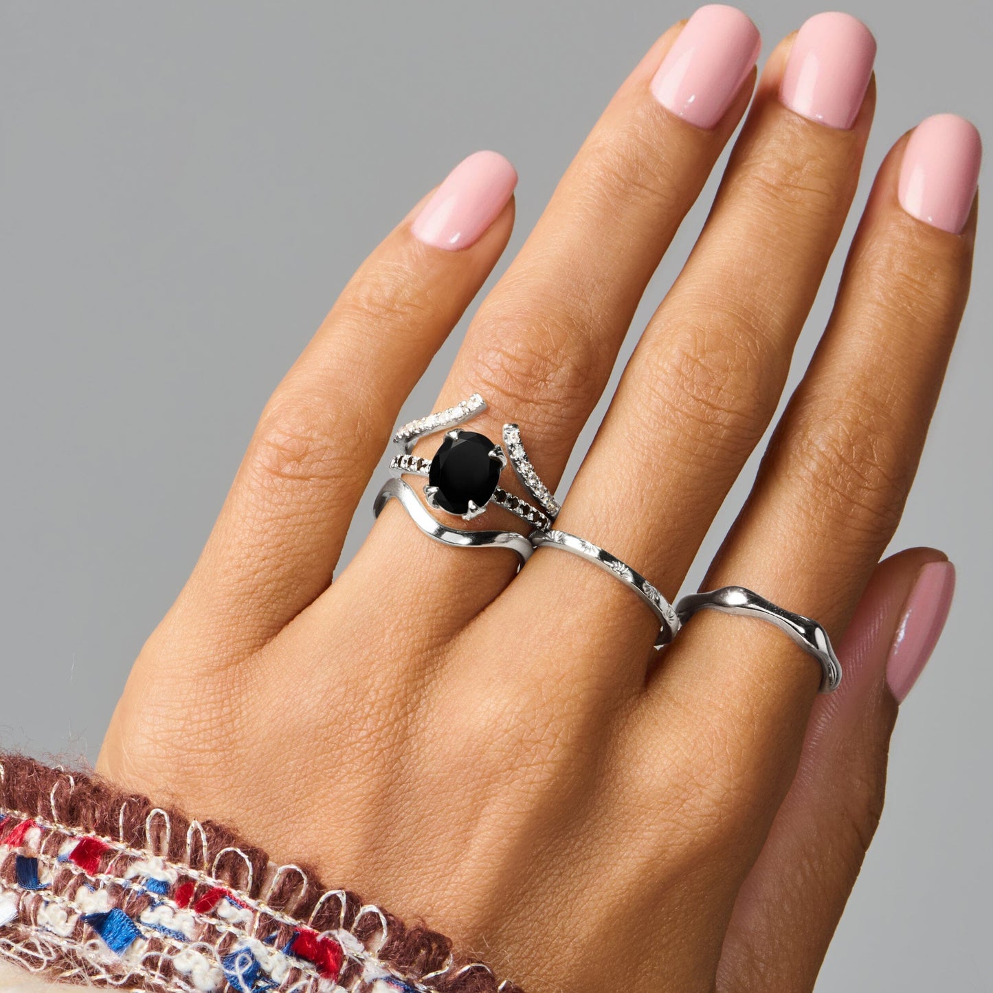 Black Obsidian Black Spinel Ring - Harlow - stacked silver