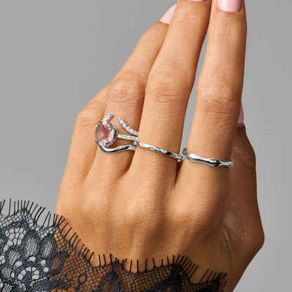 Rose Quartz Harlow & Waves Rings - stacked on hand silver