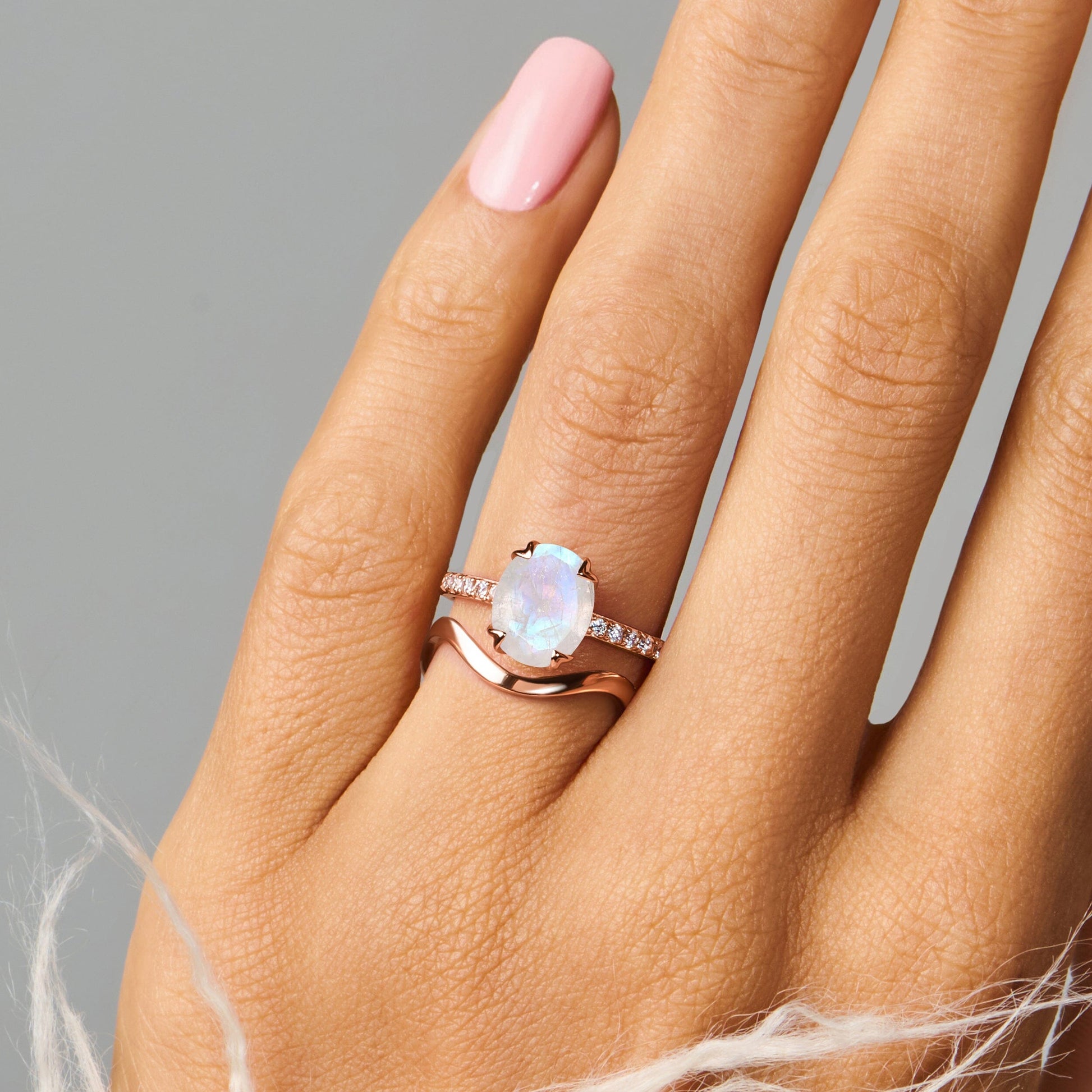 Moonstone Harlow Waves Rings - rose gold vermeil on hand