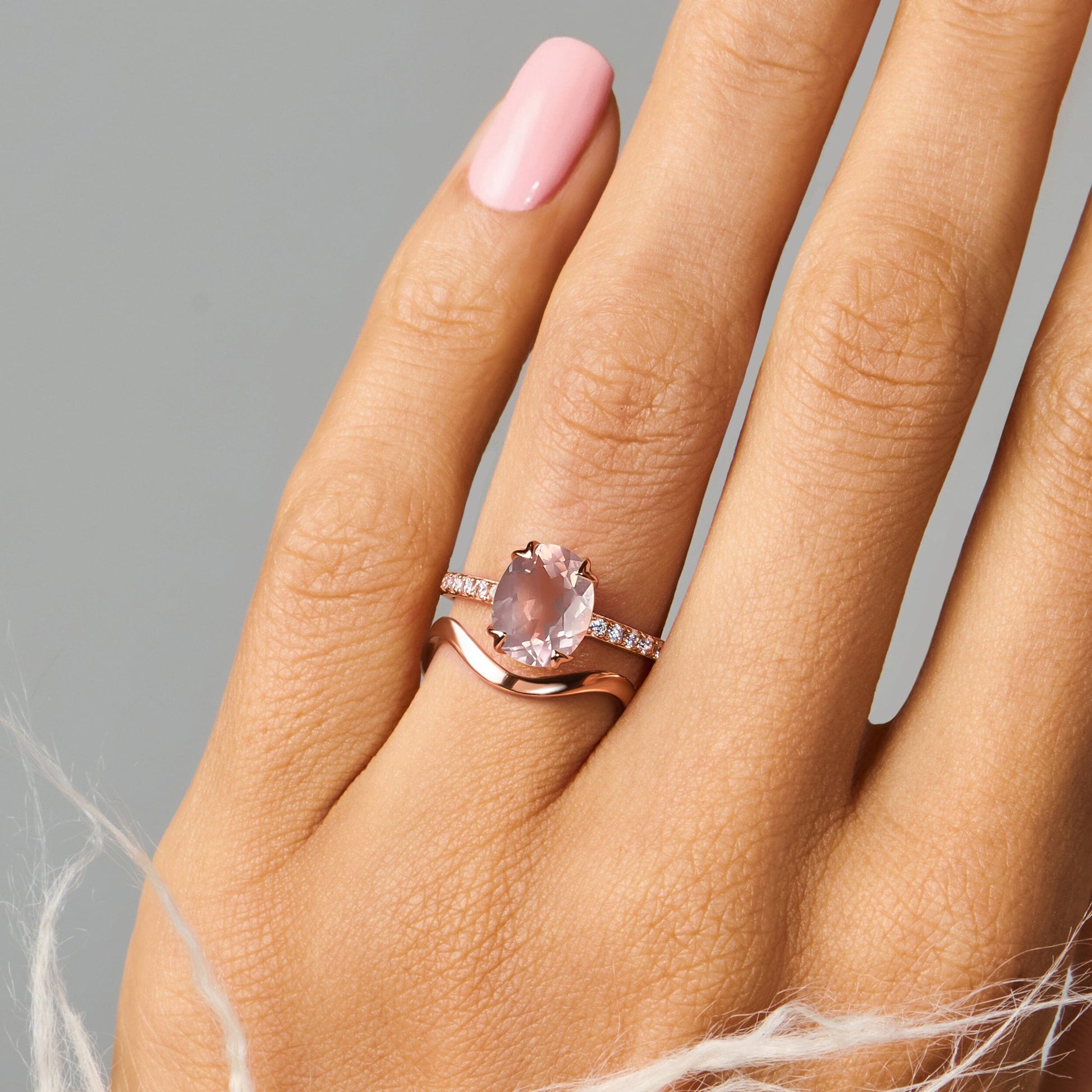 Rose Quartz Harlow & Waves Rings - on hand rose gold