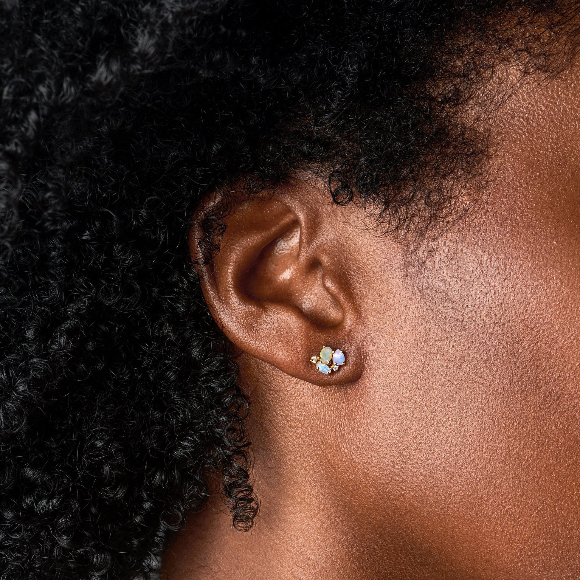 Fine Opal Moonstone Lab Diamond Earrings - Orion - on ear YG
