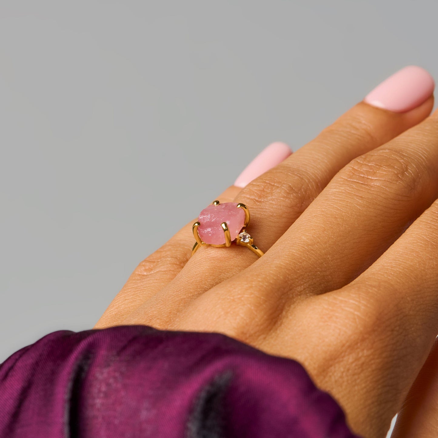 Rose Quartz Lab Diamond Ring - Raw Allure - yellow gold on hand