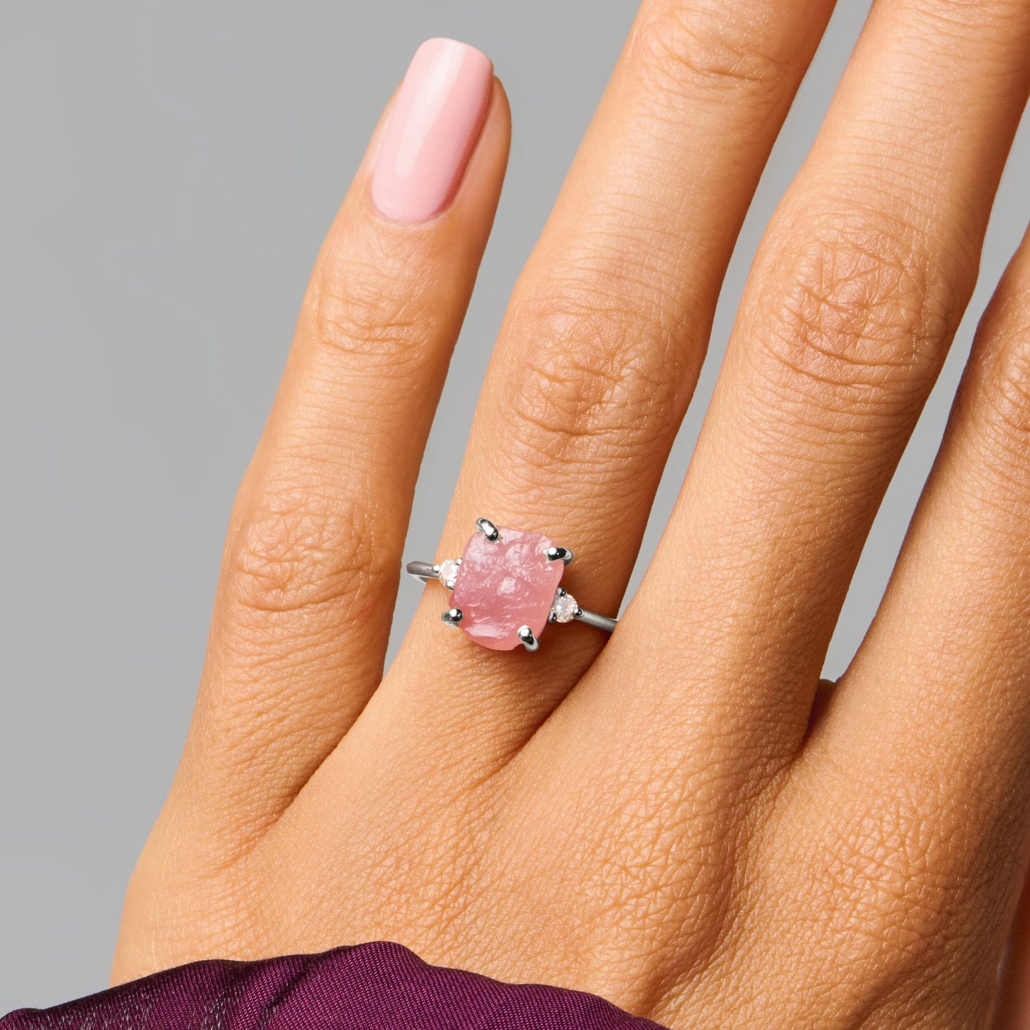 Rose Quartz Lab Diamond Ring - Raw Allure - white gold on hand detail