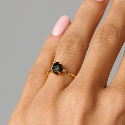 Black Obsidian Labradorite Ring - Petite Allure - yellow gold detail
