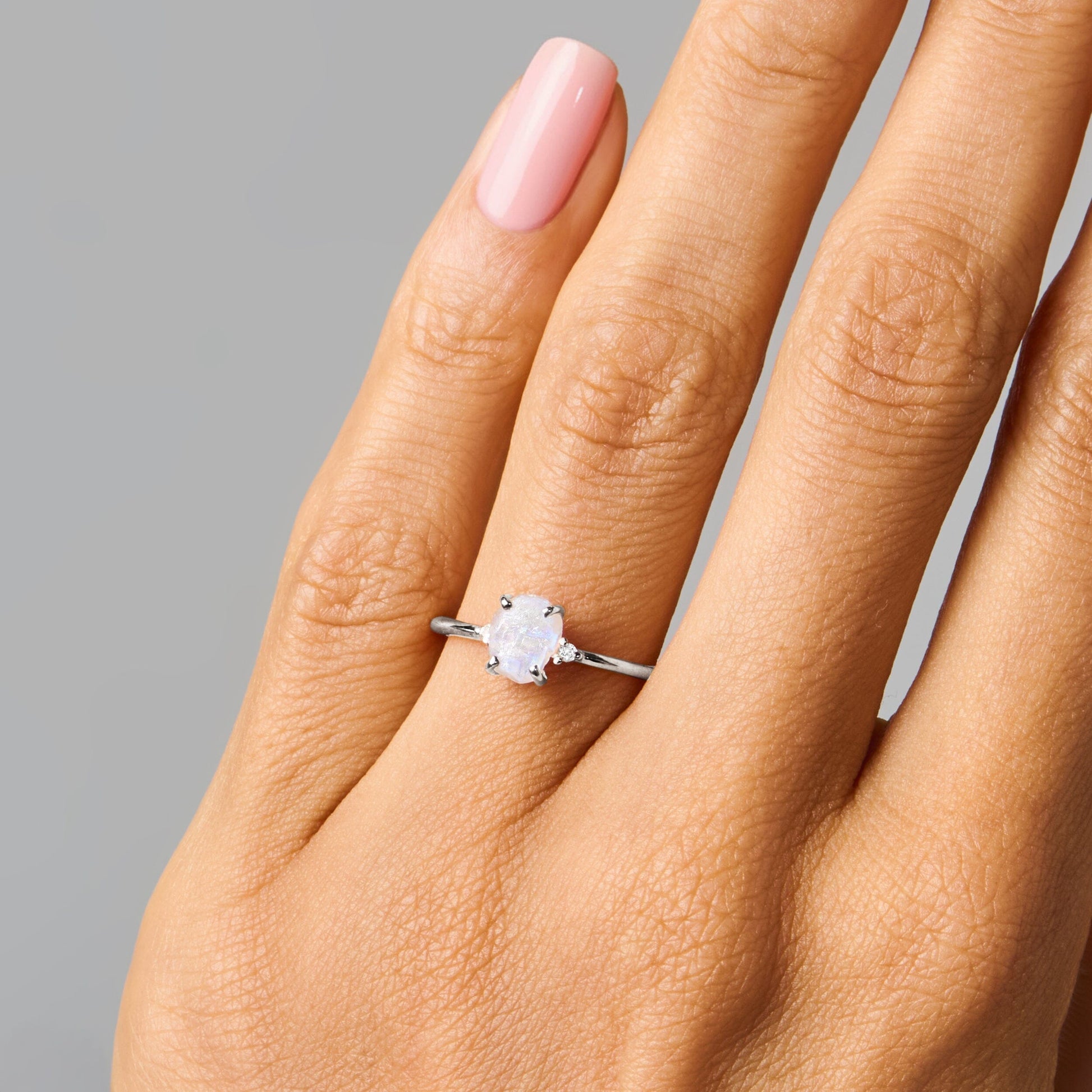 Moonstone Diamond Ring - Petite Raw Allure - White Gold on hand