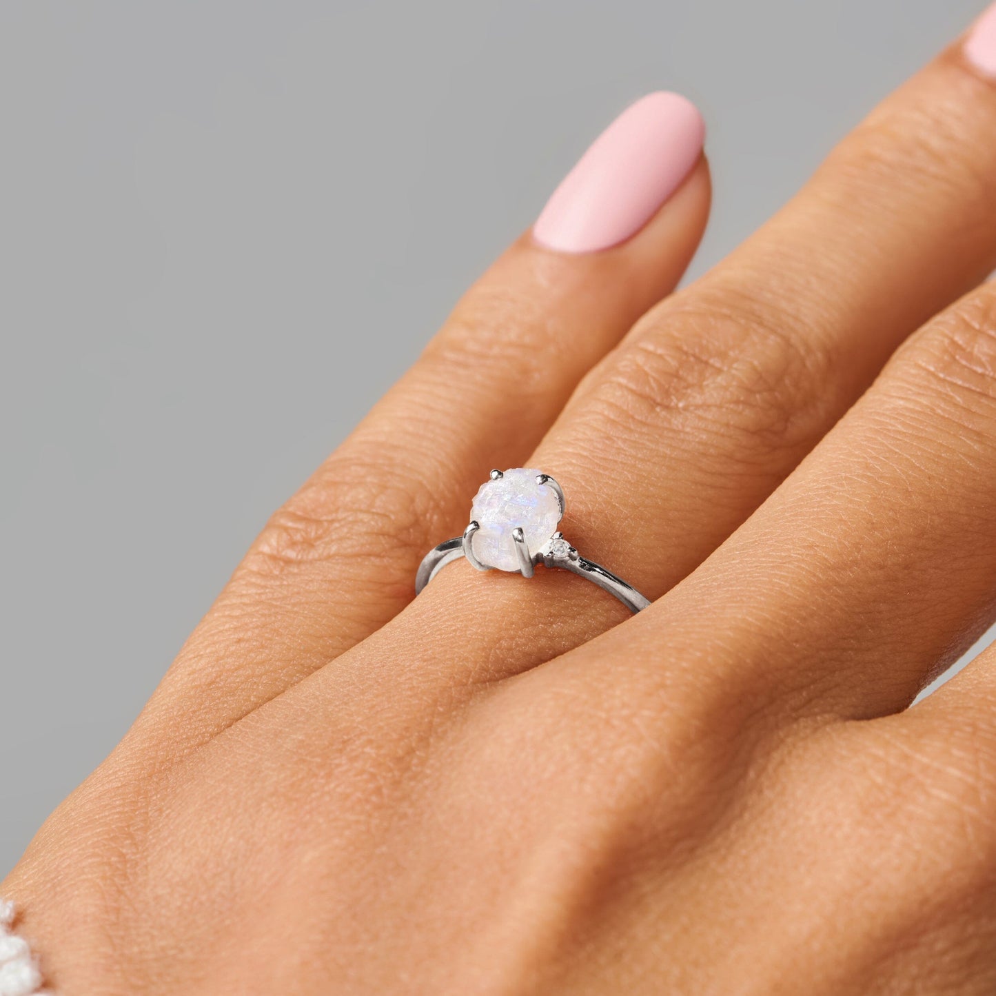 Moonstone Diamond Ring - Petite Raw Allure - White Gold stacked
