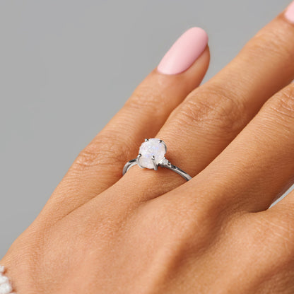 Moonstone Diamond Ring - Petite Raw Allure - White Gold stacked