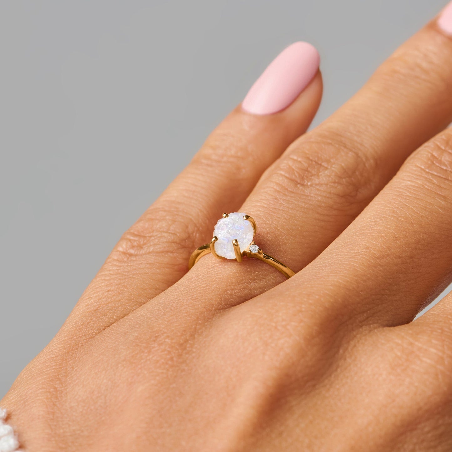 Moonstone Diamond Ring - Petite Raw Allure - Yellow Gold stacked