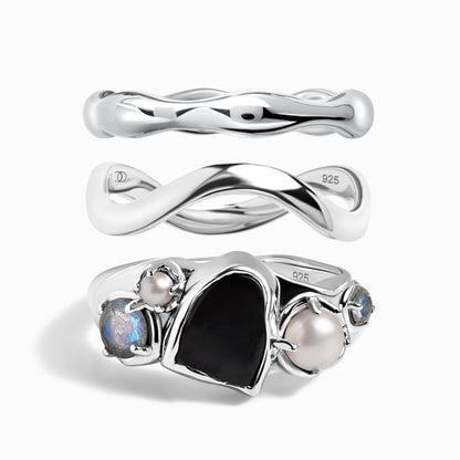 Black Obsidian Heirloom & Magma & Waves Rings - silver set