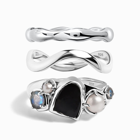 Black Obsidian Heirloom & Magma & Waves Rings - silver set