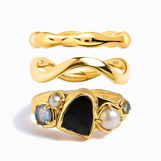 Black Obsidian Heirloom & Magma & Waves Rings - gold set