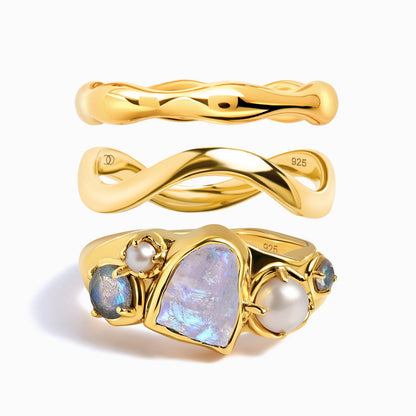 Moonstone Heirloom & Magma & Waves Rings - YG trio