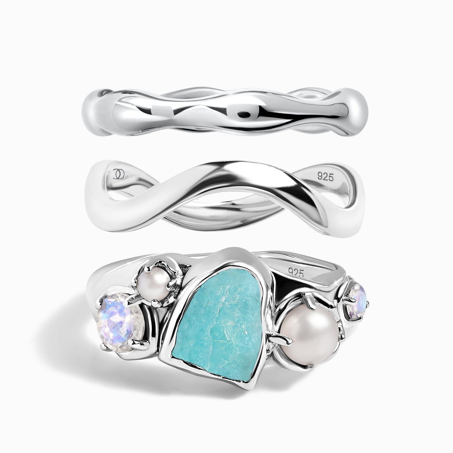 Amazonite Heirloom & Magma & Waves Rings - SIL trio