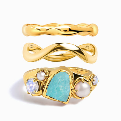 Amazonite Heirloom & Magma & Waves Rings - YG trio