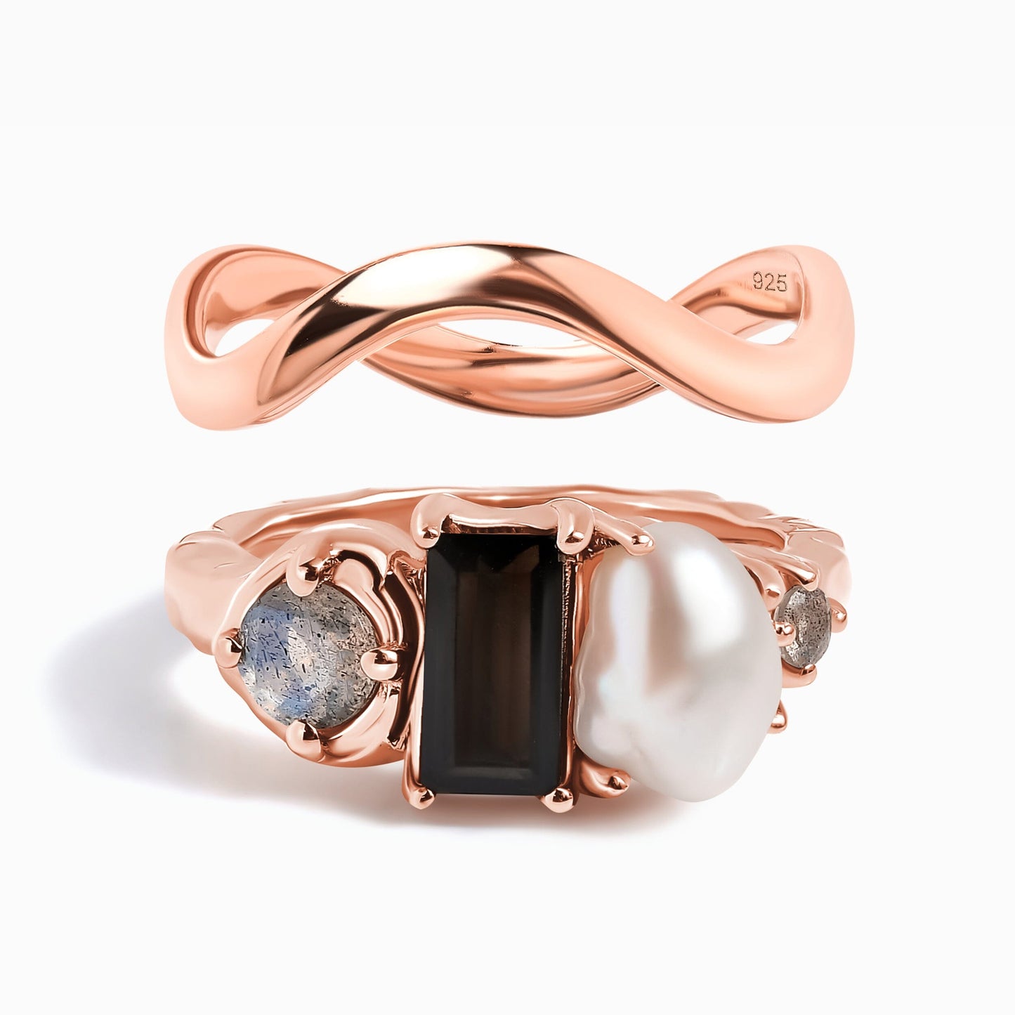 Black Obsidian Treasure & Waves Rings - rose gold set