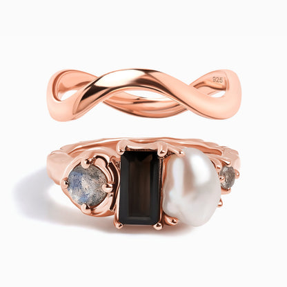 Black Obsidian Treasure & Waves Rings - rose gold set