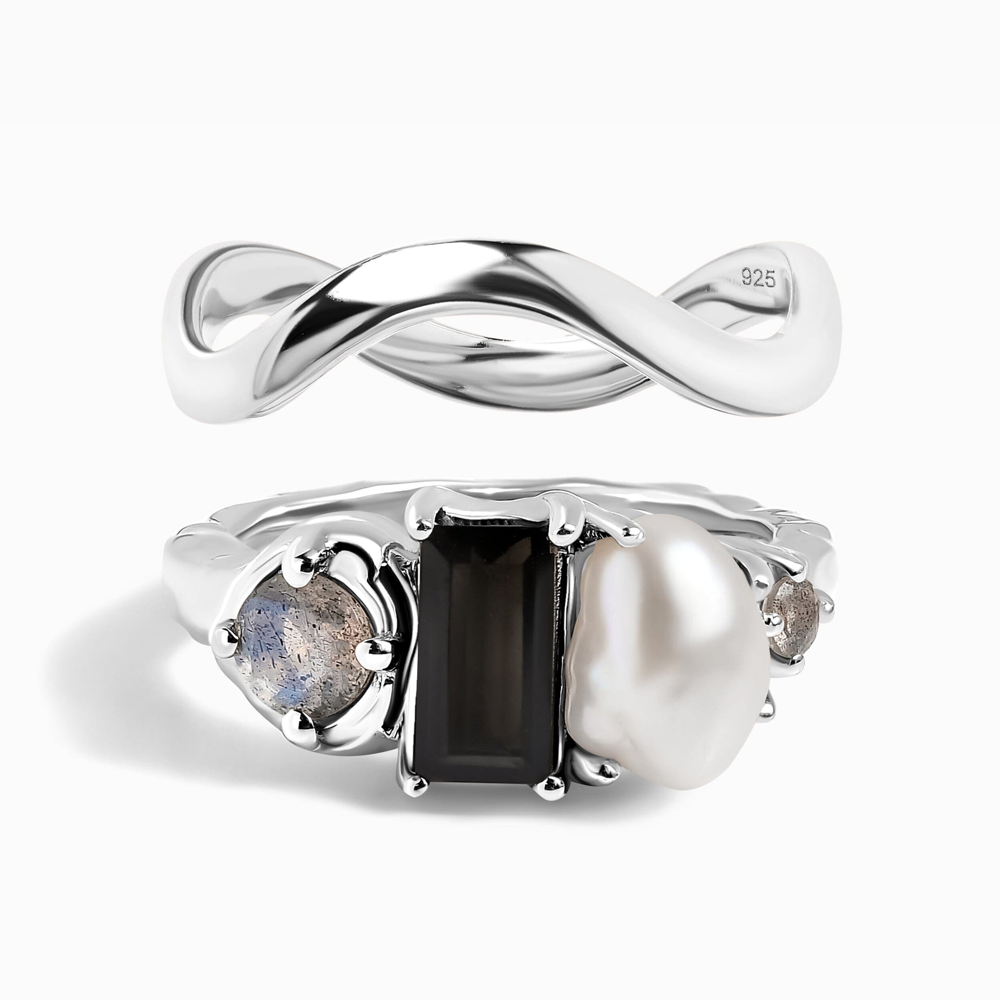 Black Obsidian Treasure & Waves Rings - silver set