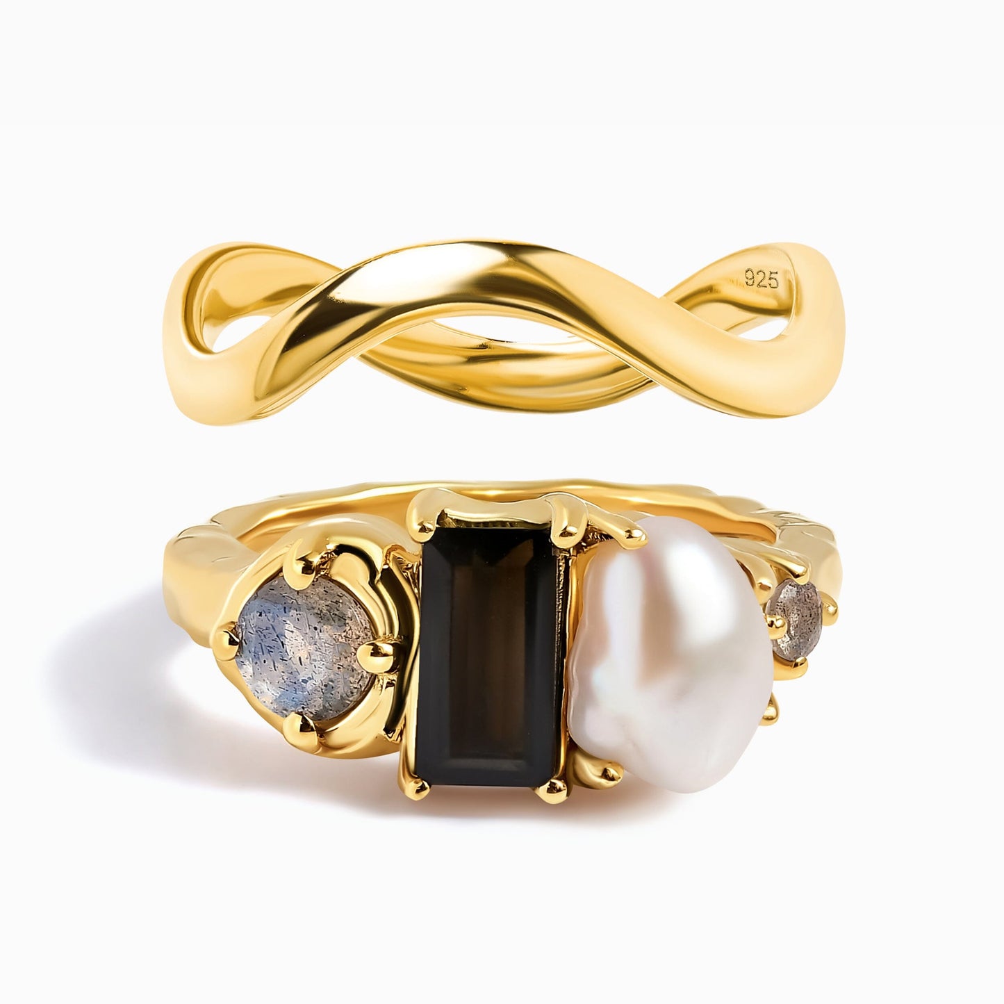 Black Obsidian Treasure & Waves Rings - gold set