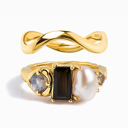 Black Obsidian Treasure & Waves Rings - gold set
