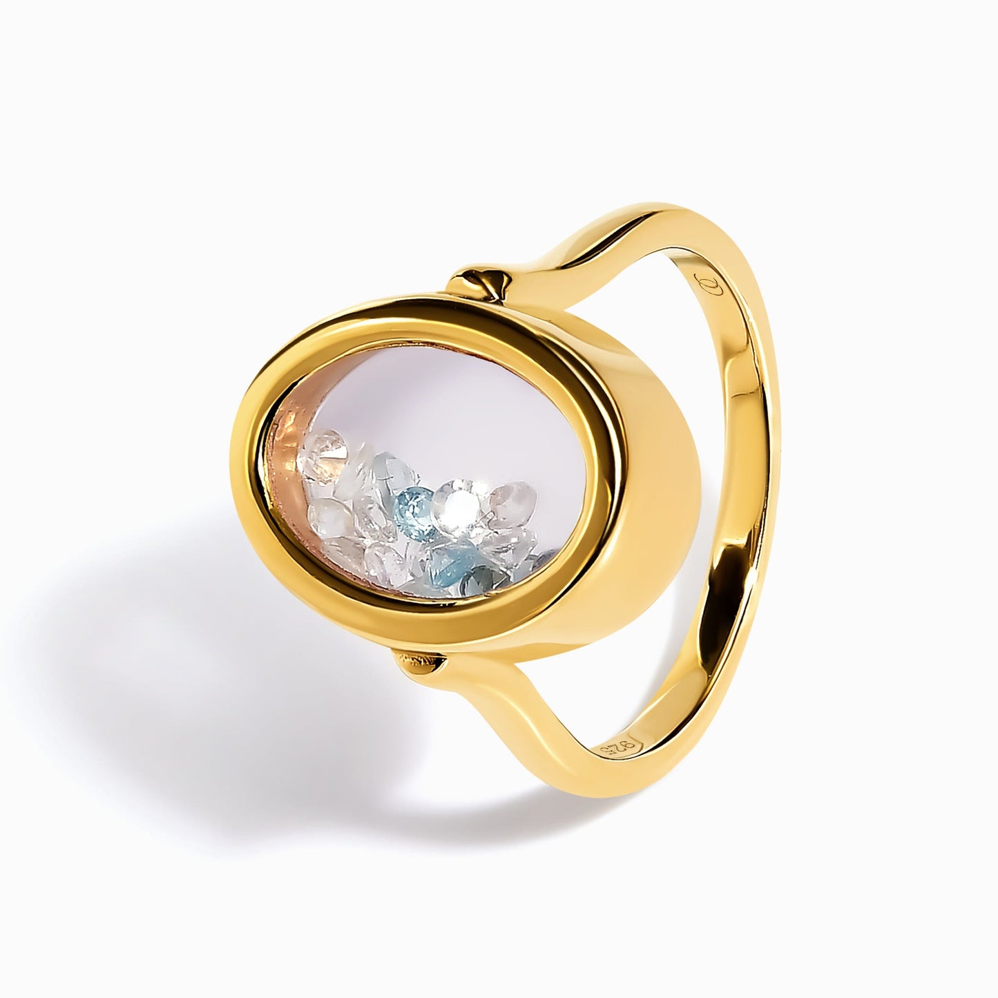 Moonstone Aquamarine Ring - Halo of Calm - yellow gold close up