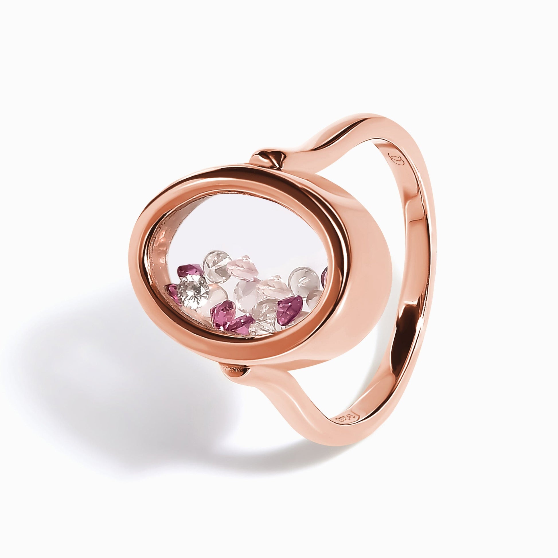 Rose Quartz Rhodolite Ring - Halo of Calm - rose gold side view