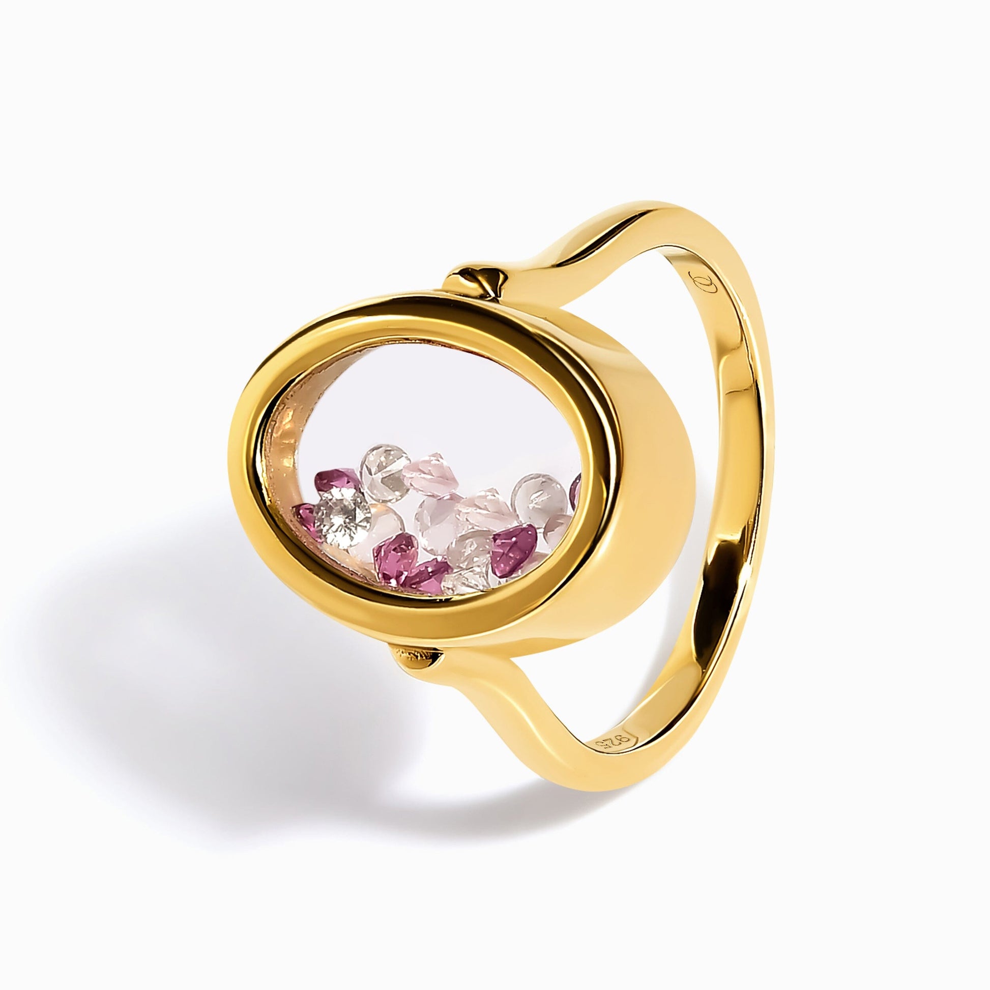 Rose Quartz Rhodolite Ring - Halo of Calm - yellow gold side view