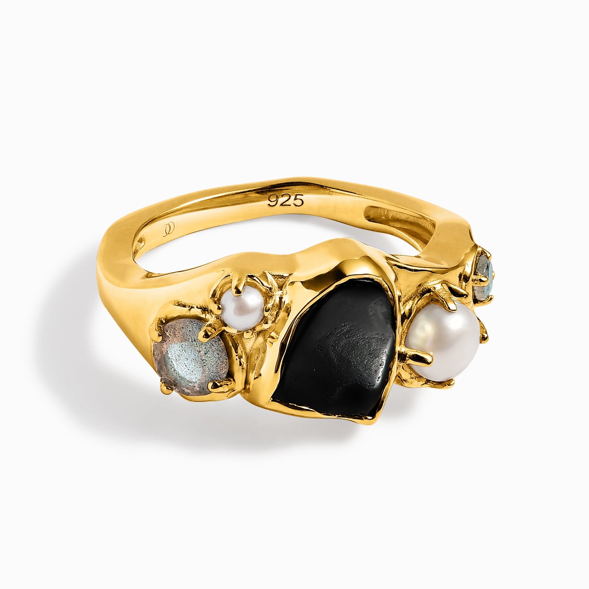 Black Obsidian Pearl Ring - Heirloom - yellow gold angle 1