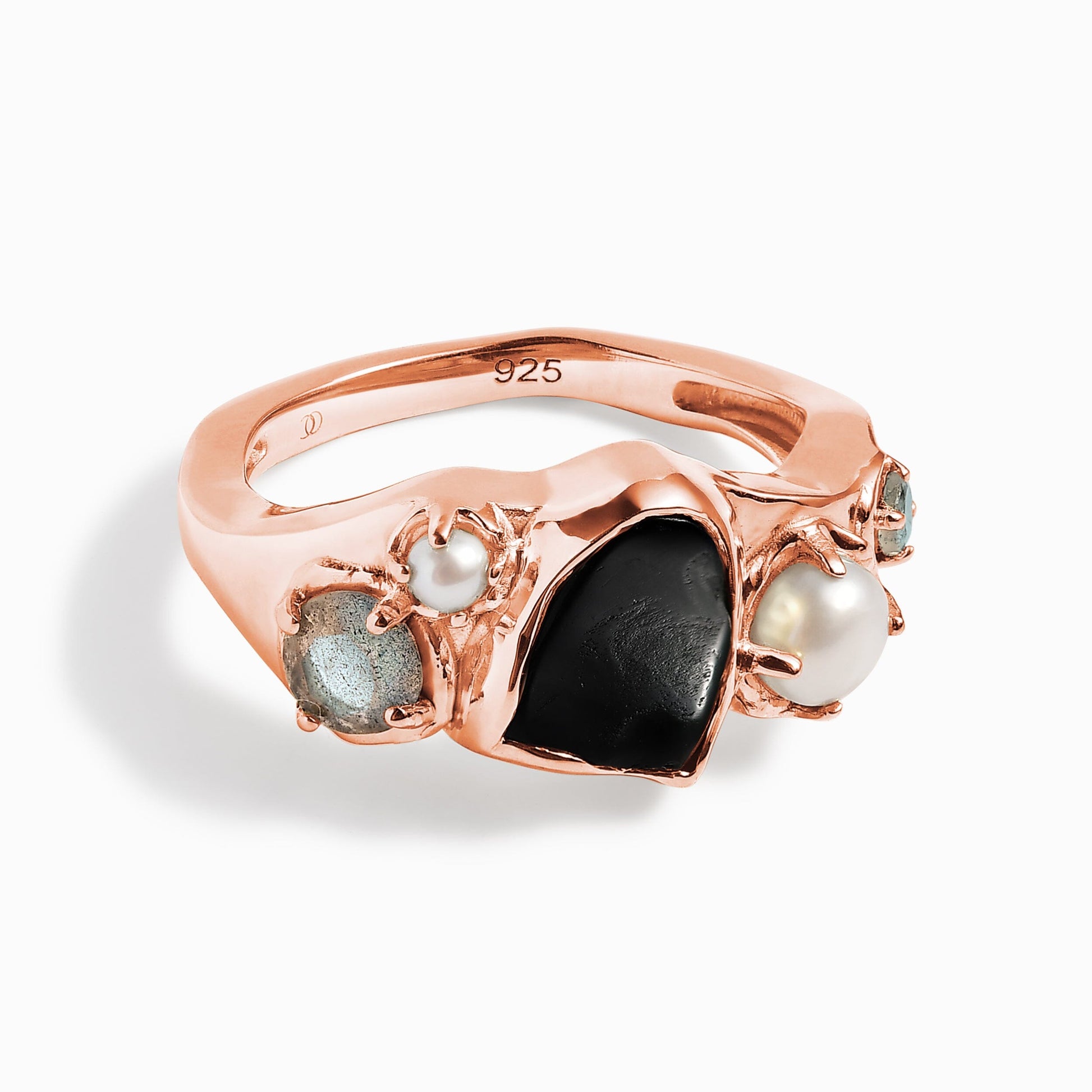 Black Obsidian Pearl Ring - Heirloom - rose gold angle 1