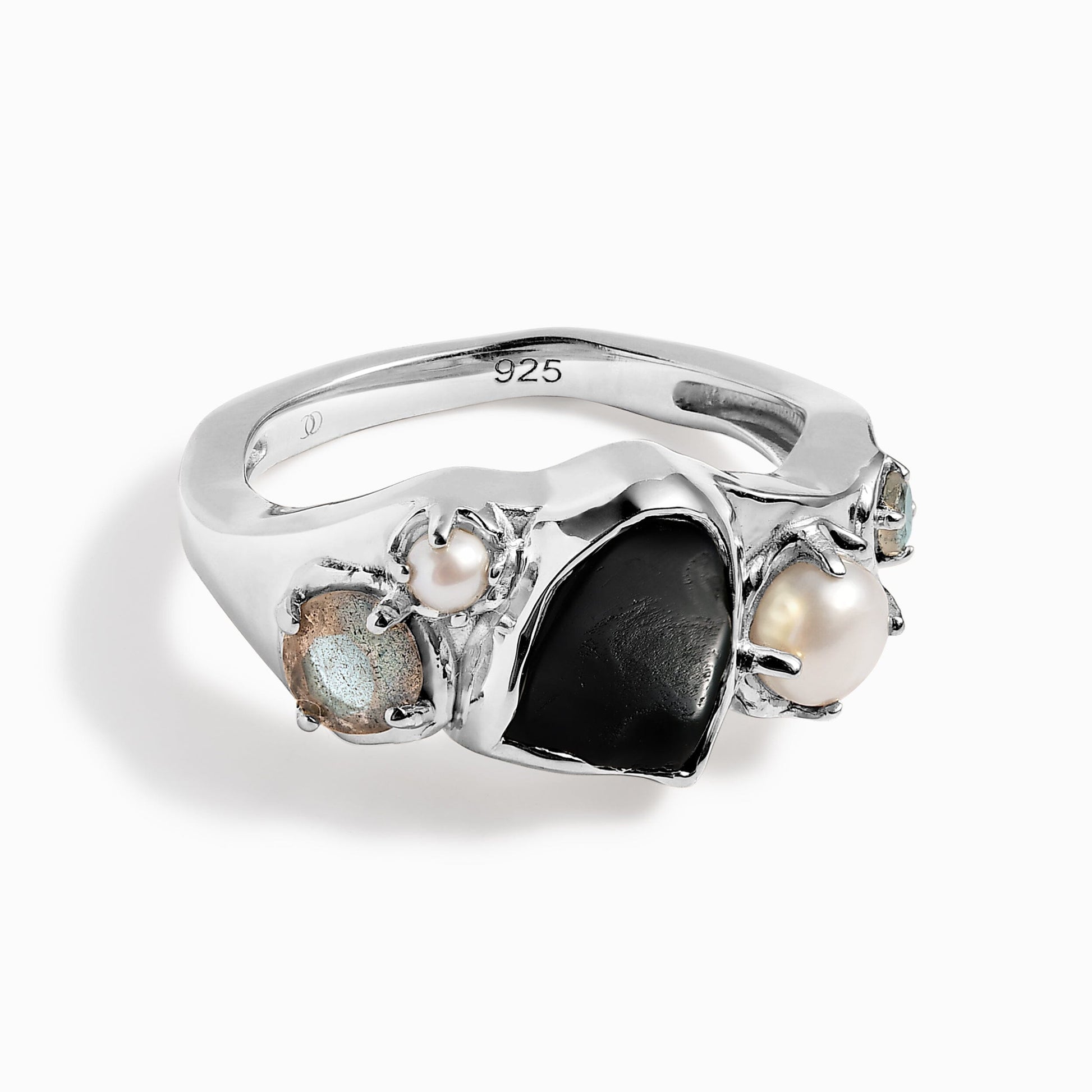 Black Obsidian Pearl Ring - Heirloom - silver angle 1
