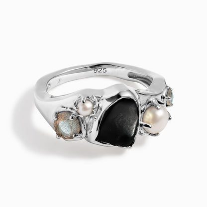 Black Obsidian Pearl Ring - Heirloom - silver angle 1