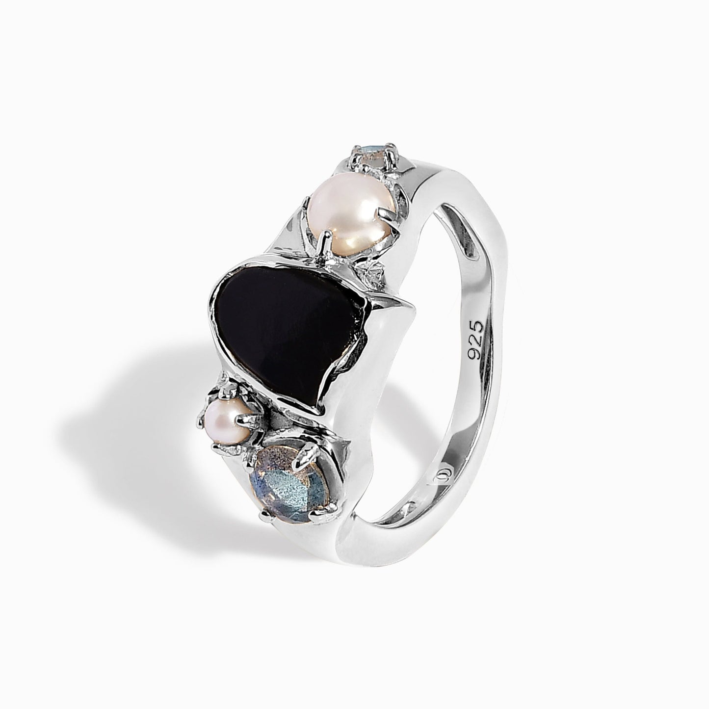 Black Obsidian Pearl Ring - Heirloom - silver angle 2