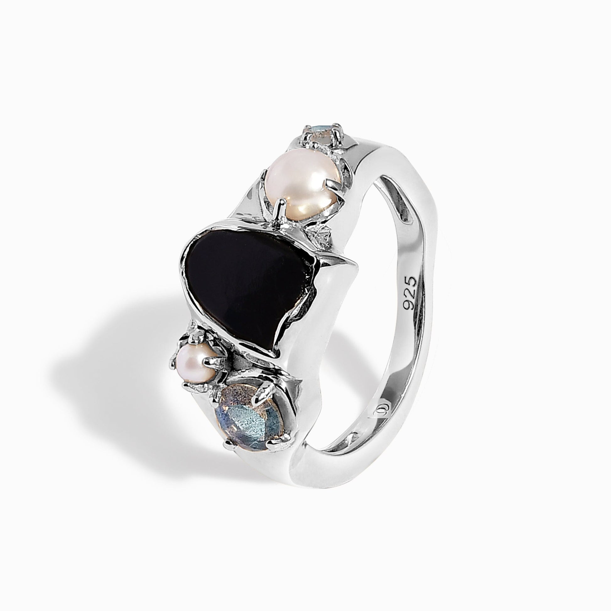 Black Obsidian Pearl Ring - Heirloom - silver angle 2