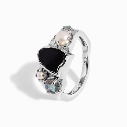 Black Obsidian Pearl Ring - Heirloom - silver angle 2