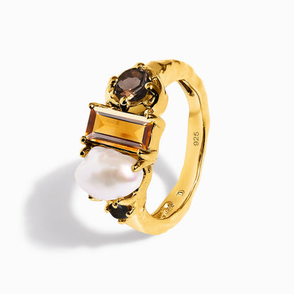 Citrine Pearl Ring Treasure - yellow gold side angle