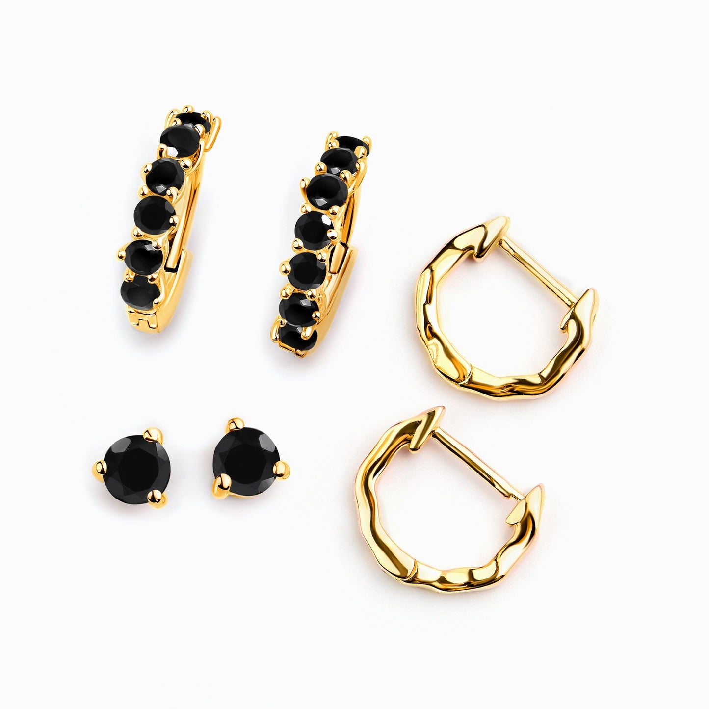 Black Onyx Black Obsidian Hoop Earring Set - Classic Trio - yellow gold