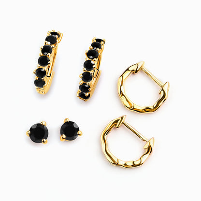 Black Onyx Black Obsidian Hoop Earring Set - Classic Trio - yellow gold
