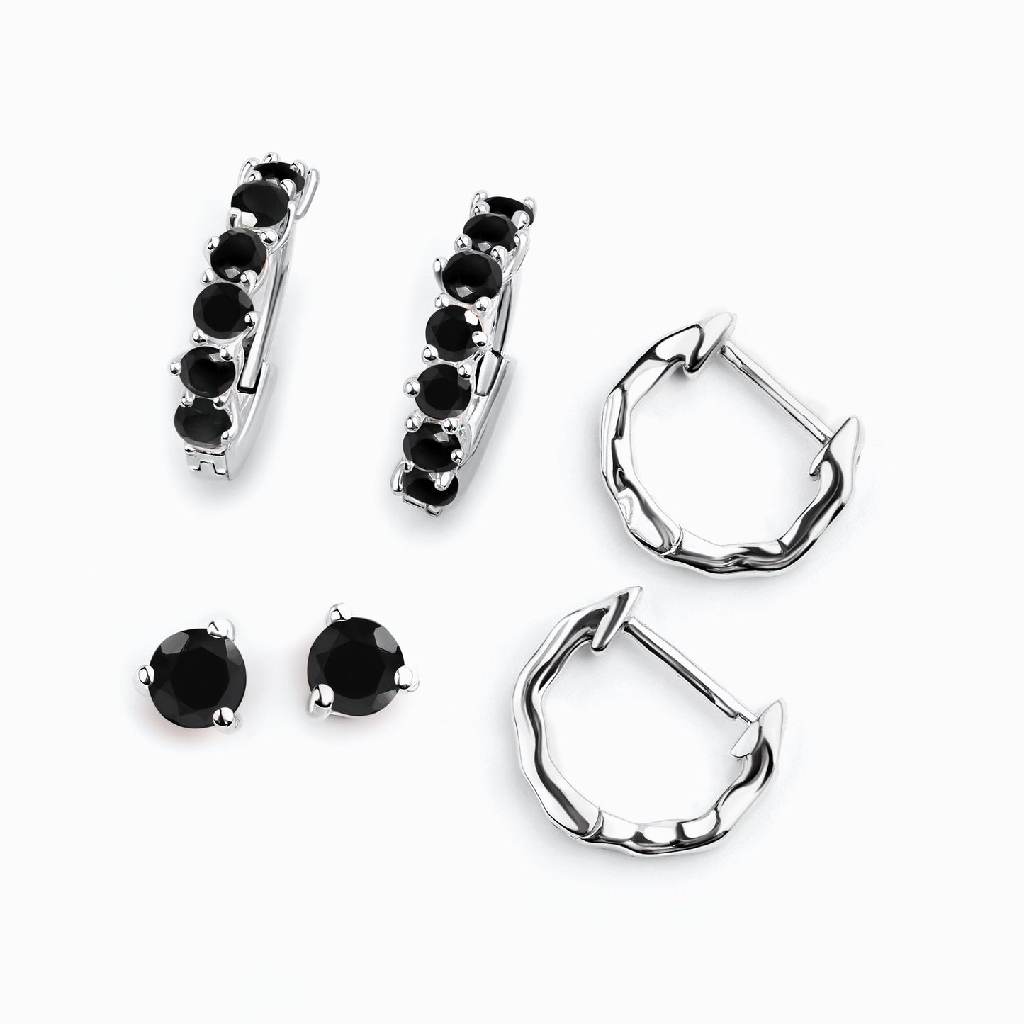 Black Onyx Black Obsidian Hoop Earring Set - Classic Trio - silver
