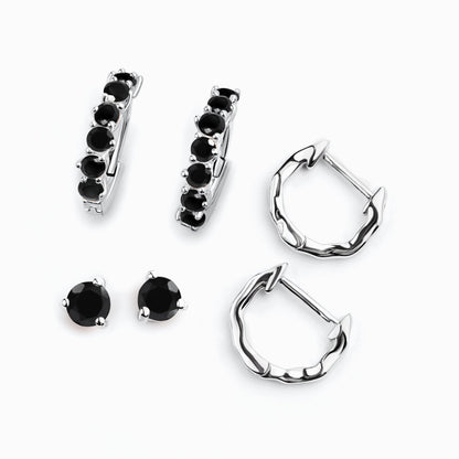 Black Onyx Black Obsidian Hoop Earring Set - Classic Trio - silver