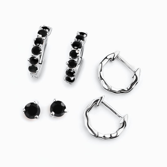 Black Onyx Black Obsidian Hoop Earring Set - Classic Trio - silver