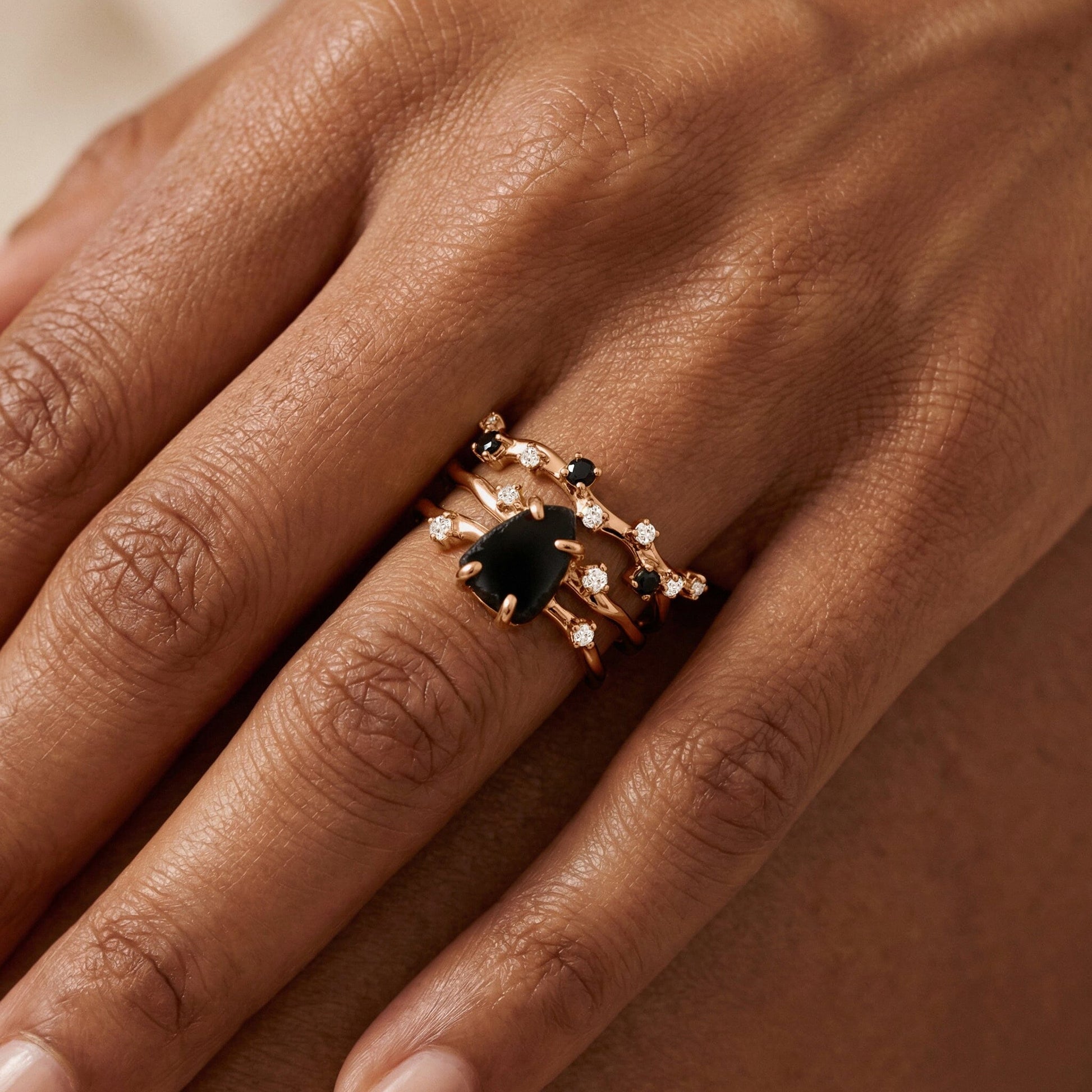Black Obsidian Lab Diamond Flow Ring - detail rose gold