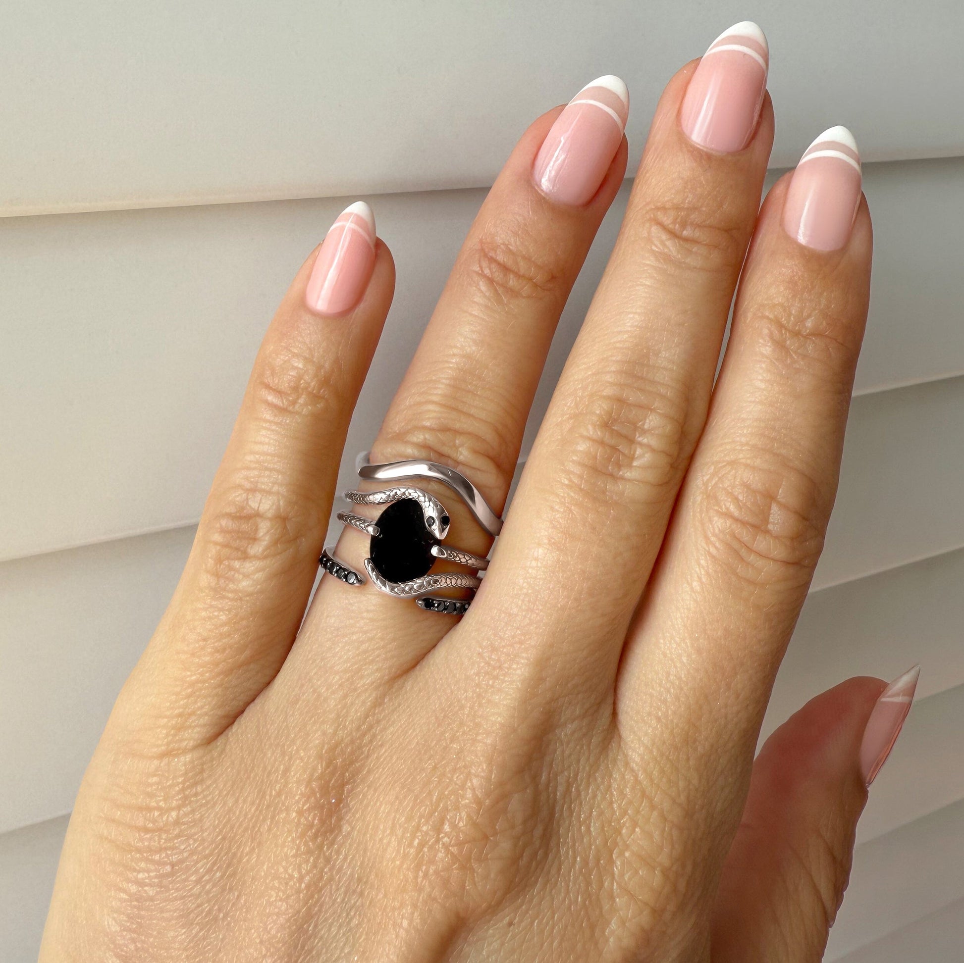 Black Onyx Serpent & Twinkling & Waves Rings - lifestyle silver 2