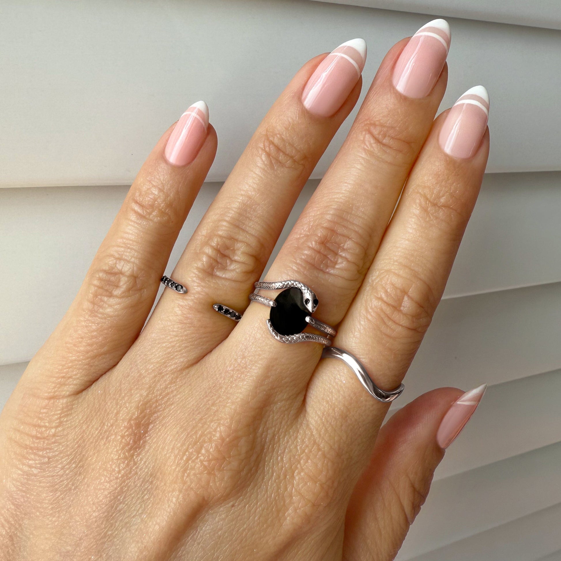 Black Onyx Serpent & Twinkling & Waves Rings - lifestyle silver