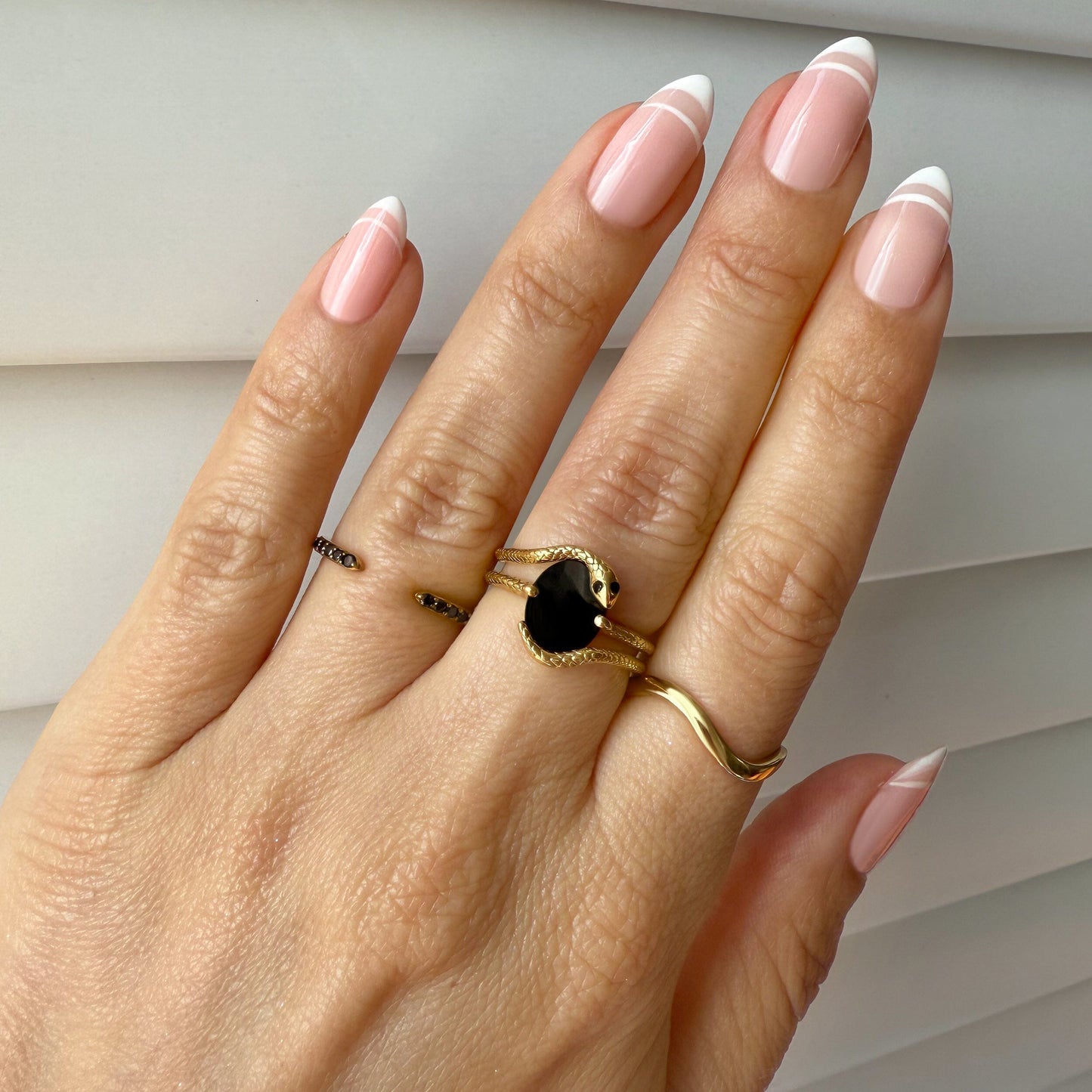 Black Onyx Serpent & Twinkling & Waves Rings - lifestyle yellow gold