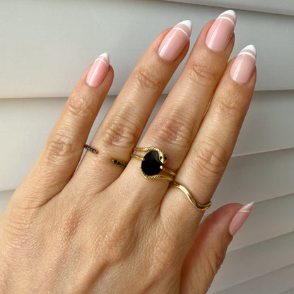 Black Onyx Serpent & Twinkling & Waves Rings - lifestyle yellow gold
