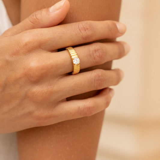 Aspen Statement Ring - elevated gold ring on hand