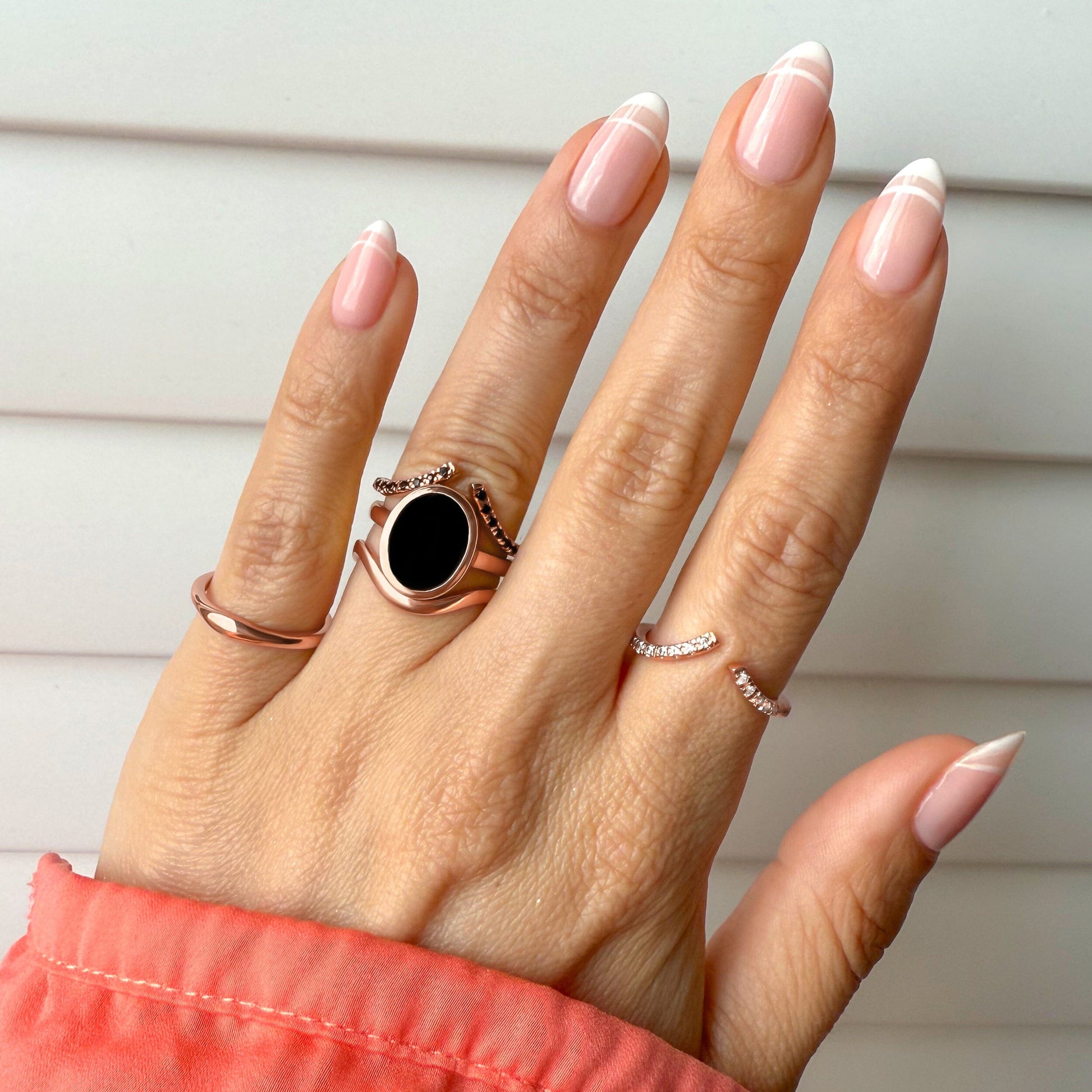 Enfolded Black Onyx & Waves Rings worn